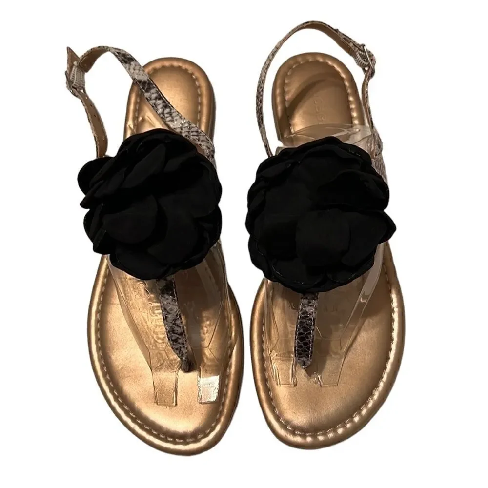 BCBGeneration sz 7 gold sandals w/black flower & snake print straps GUC No box
